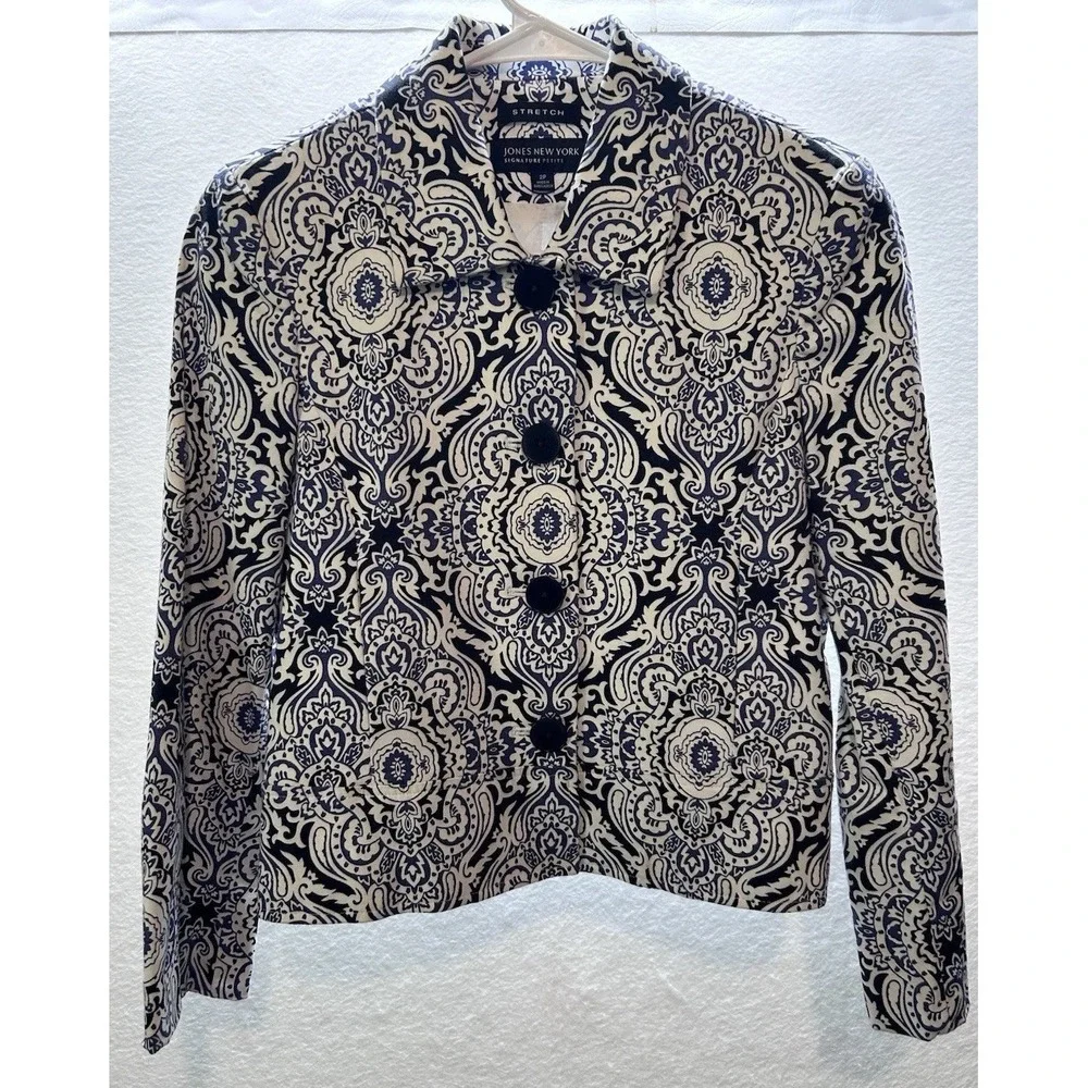 Jones New York Signature Petite Blue Black White Jacket 3/4 Sleeve Women's Sz 2P
